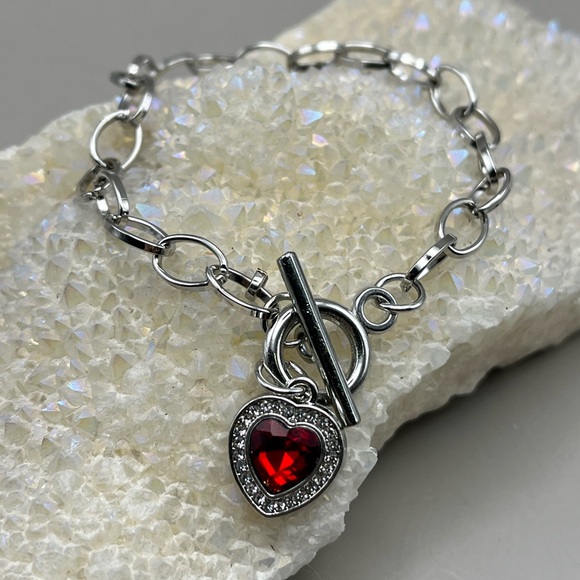 Silver Heart Charm Bracelet with Red Gemstone - stylish gift - Picture 2 of 3